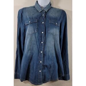 Love Stitch Blue Denim Stonewashed Button Up Top Small Lightweight Front Pockets